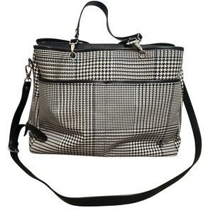 RALPH LAUREN EXTRA LARGE BLACK WHITE BLUE PLAID HOUNDSTOOTH TOTE BAG PURSE